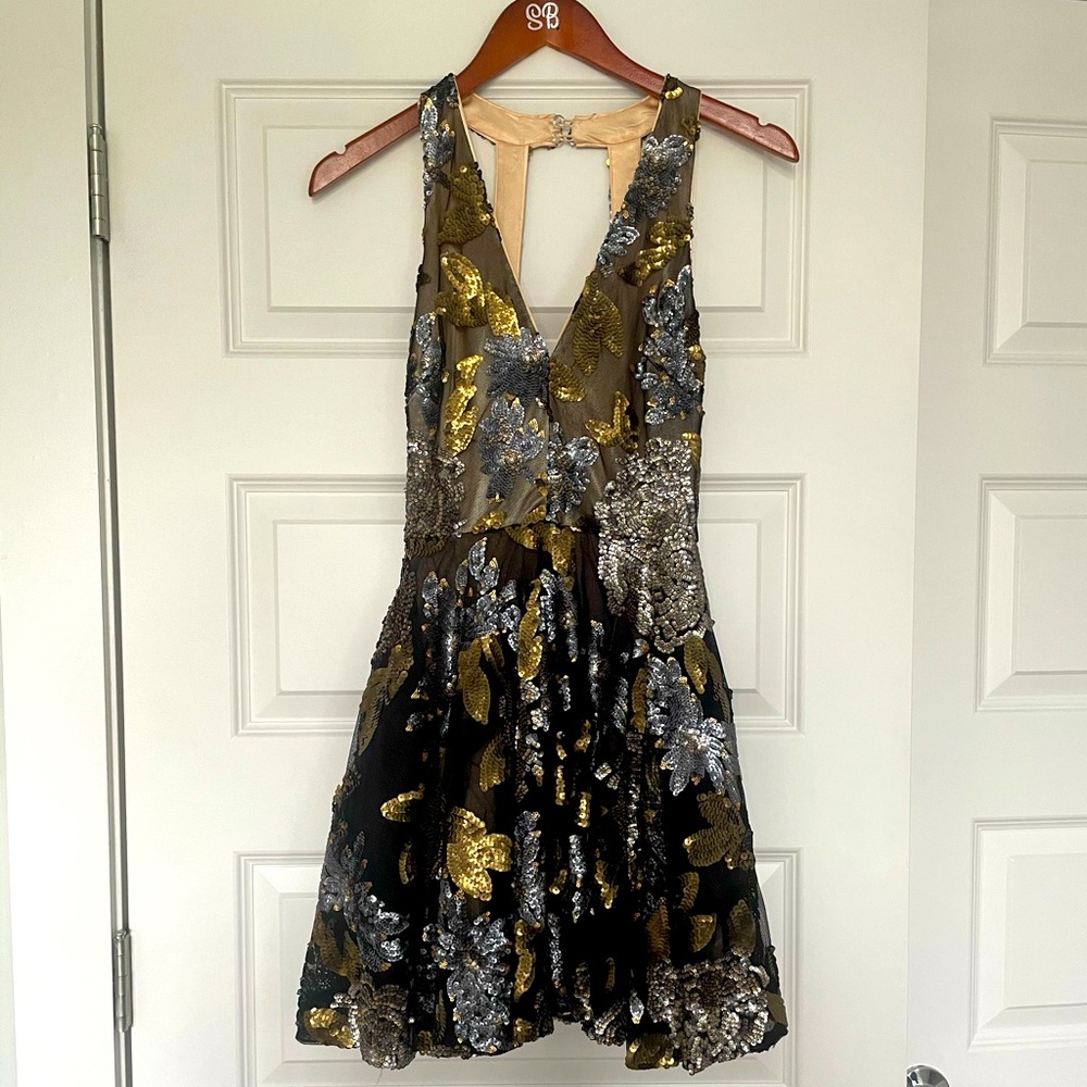 Bebe Black & Gold Sequined Cocktail Dress